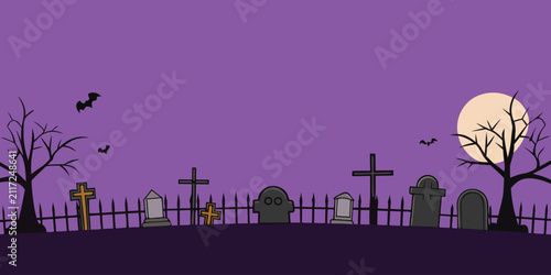 Halloween graveyard scene with tombstones moon and bats on purple background.