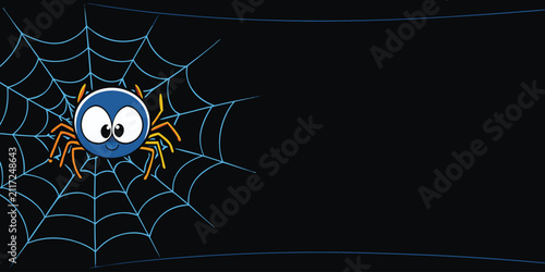 Happy cartoon spider on web on black background for halloween.