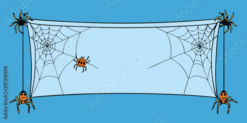 Happy halloween banner with cute spiders hanging from a web on blue sky background.