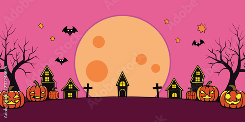 Happy Halloween horizontal banner with pumpkins, bats, haunted houses, and large moon in pink sky, festive cartoon vector.