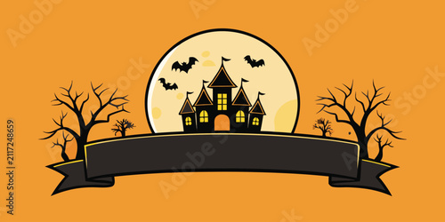 Haunted house castle on moonlit night with bats and creepy trees banner.