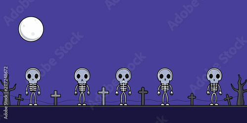 Skeletons standing in graveyard with moon and trees on blue background.