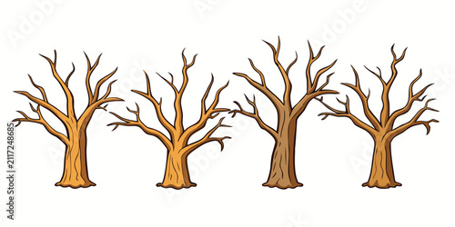 Bare autumn trees with brown trunks and branches on white background vector illustration set.