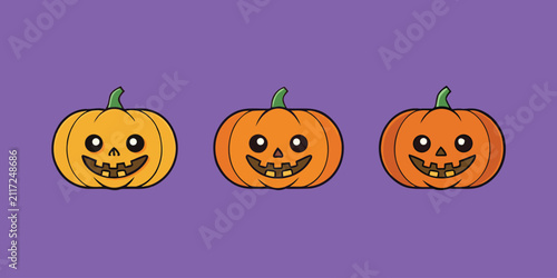 Three cute cartoon halloween pumpkins with carved faces on purple background vector.