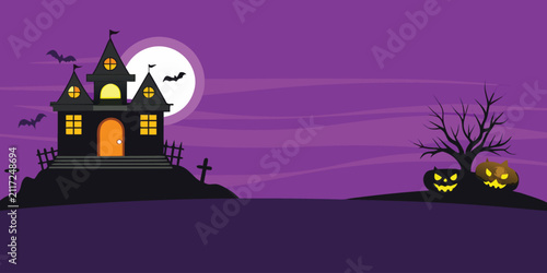 Spooky haunted mansion with bats flying in moonlit night landscape, creepy graveyard, and jack-o-lanterns, Halloween vector illustration.