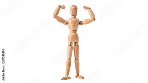 Obraz na płótnie Artistic wooden human mannequin figure showing muscles pose isolated on transpar