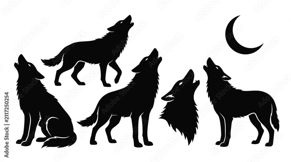 Obraz premium Multiple black silhouettes of wild wolves howling at a crescent moon in a clean and minimal vector graphic art style