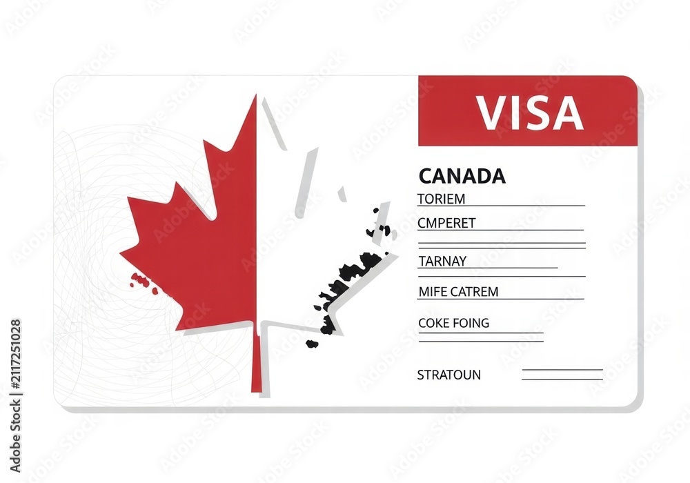 Obraz premium Canada visa card with red maple leaf design and personal information fields, ai illustration travel graphics, AI generated