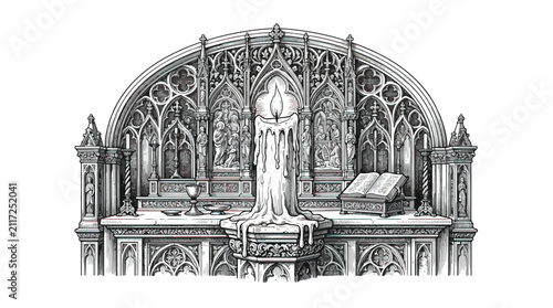 Fotografía Gothic cathedral altar with burning candle and open bible, vintage church interi
