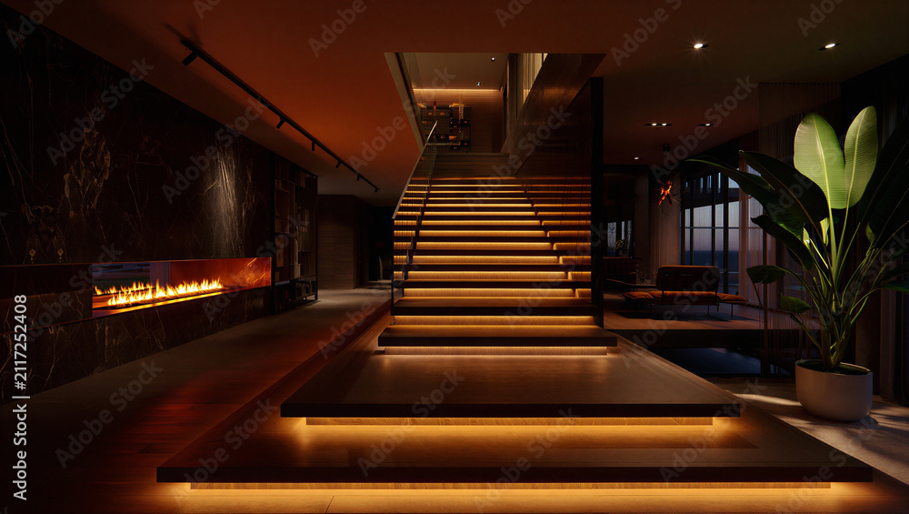 Obraz premium Luxury house interior with fireplace and illuminated staircase at night living room interior