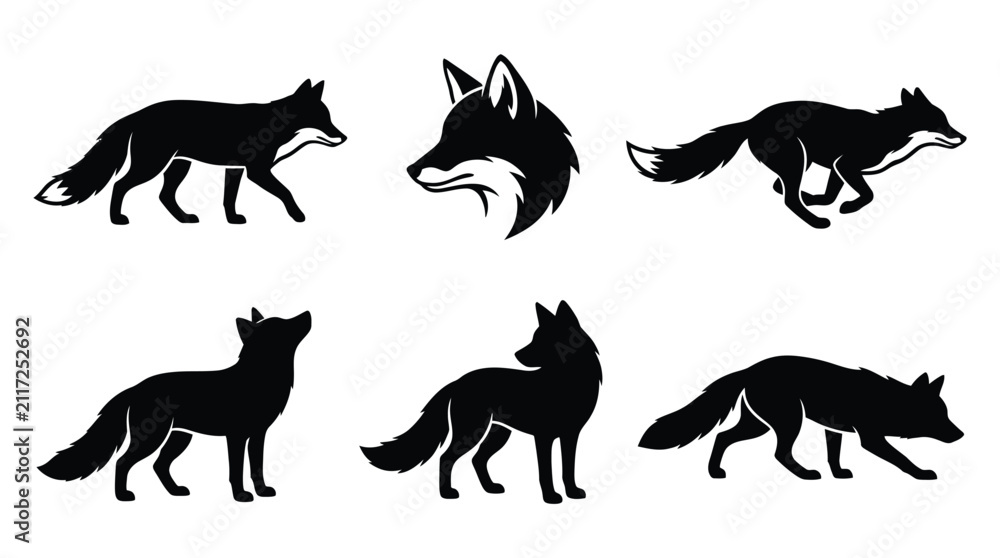 Obraz premium A collection of black fox silhouettes in various poses including running standing and walking for creative graphic design projects