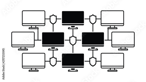 Computer network icon diagram showing secured server connections
