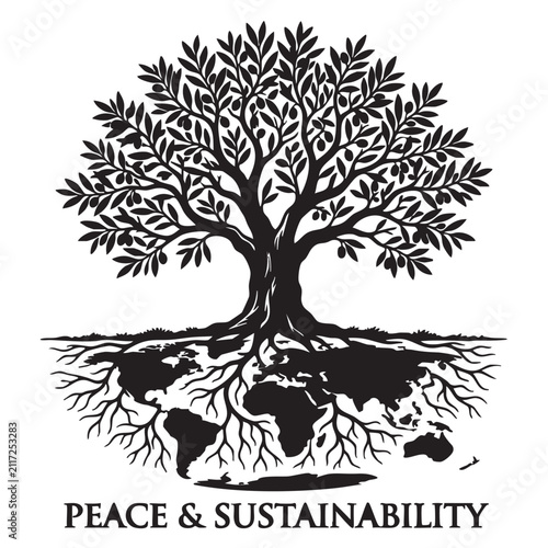 Tree Illustration with Roots Forming the Globe, Symbolizing Peace and Sustainability. Black and White Design, Depicting Nature's Interconnectedness.