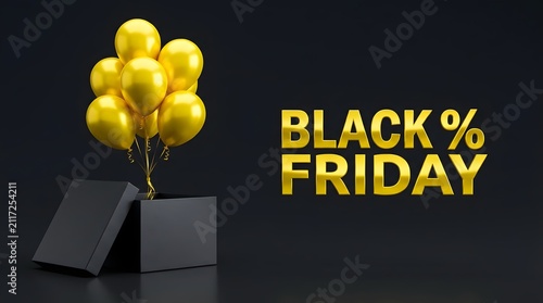 Black friday sale banner featuring a golden gift box with balloons and luxury metallic text