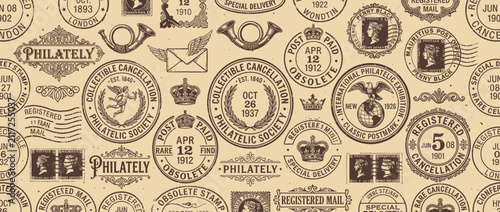 Fotografie Vintage Postage Stamps and Postmarks Pattern
