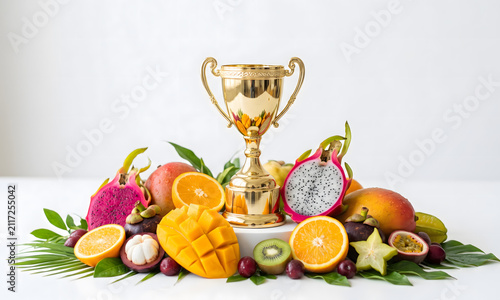 Gold trophy cup surrounded by tropical fruits on white table with competition