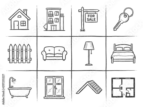 Hand drawn real estate and housing icons featuring furniture and home improvement elements set