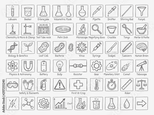 Collection of hand drawn science laboratory equipment and research icons for educational study