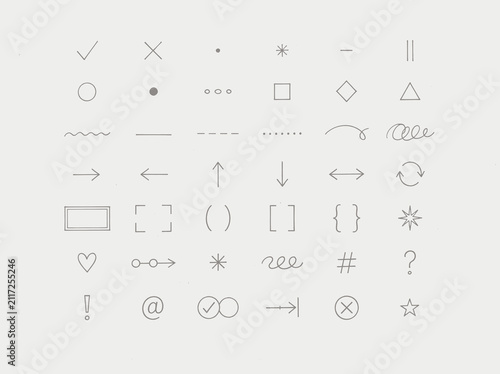 Minimalist hand drawn graphic symbols and UI elements for typography and interface decoration