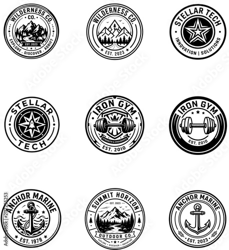 Vintage style circular logo templates for outdoor adventure technology fitness and marine