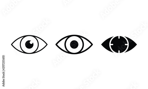 Set of three black eye icons representing vision and focus in a clean minimalist vector graphic style design