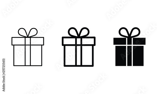 Set of three gift box icons in different styles isolated on a white background as a vector illustration