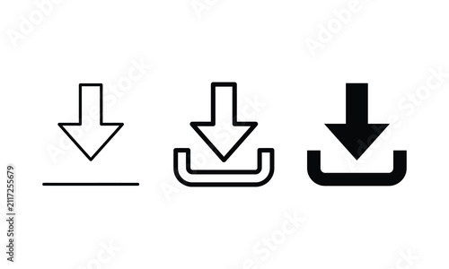 Set of three black and white download icons presented as a clean minimalist vector graphic design element