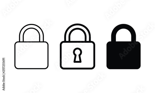 Set of three black and white padlock icons in a simple flat vector illustration style for security design
