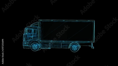Futuristic 360° rotating HUD wireframe vehicle animation with glowing X-ray blueprint style. High-tech digital interface, seamless loop, perfect for AI, automotive, engineering, defense, and sci-fi pr