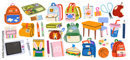 Big set of Back to school educational elements in retro cartoon style. Schoolbag, books, notebook, lunchbox, sandwich, snacks and stationery. Vector educational stickers collection