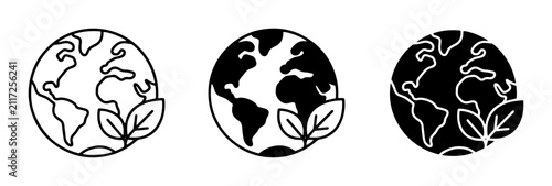 Fotografie Eco-friendly Earth Icons, Planet with Leaves, Global Sustainability Symbols, Gre