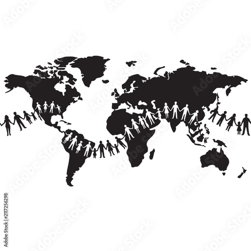 World Map with Human Figures Connecting Across Continents, Symbolizing Global Unity and Interconnectedness. a Conceptual Illustration of Worldwide