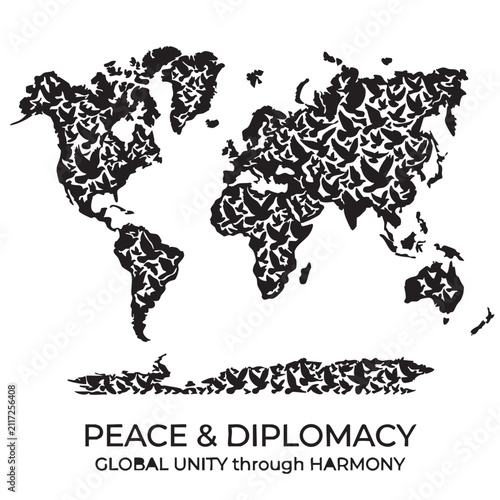 World Map Design Featuring a Flock of Birds, Symbolizing Global Unity and Harmony. Peace & Diplomacy Concept Illustration.