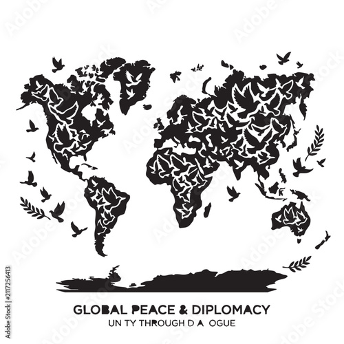World Map Illustration with Flying Birds and Olive Branches, Symbolizing Global Peace and Diplomacy. Unity Through Dialogue Concept.