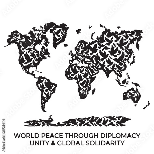 World Map Illustration Formed from a Flock of Birds, Symbolizing Global Unity and Peace Through Diplomacy. with Global Solidarity