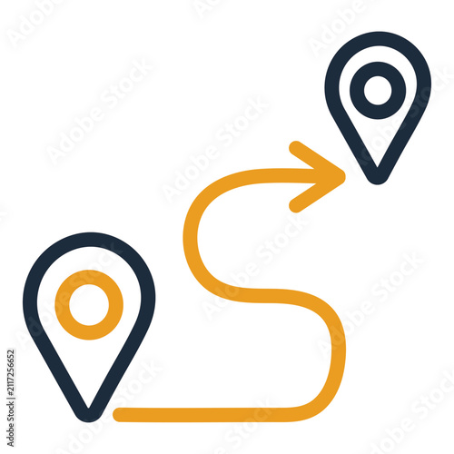 Destination map pins connected by curved route path for logistics tracking journey planning editable vector illustration