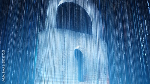 A glowing digital lock formed by flowing binary numbers radiates in a deep blue cyber environment. This hyper realistic art captures the essence of cybersecurity technology.