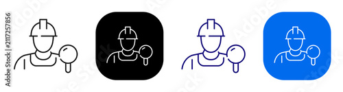Worker with magnifier for construction job search and employee inspection. Line, filled, black, color set. Editable stroke