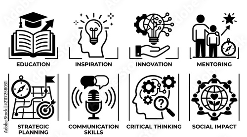 Education, innovation, and strategic planning professional vector icon set