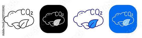 CO2 cloud with leaf for carbon neutrality climate care and healthy environment. Line, filled, black, color set. Editable stroke