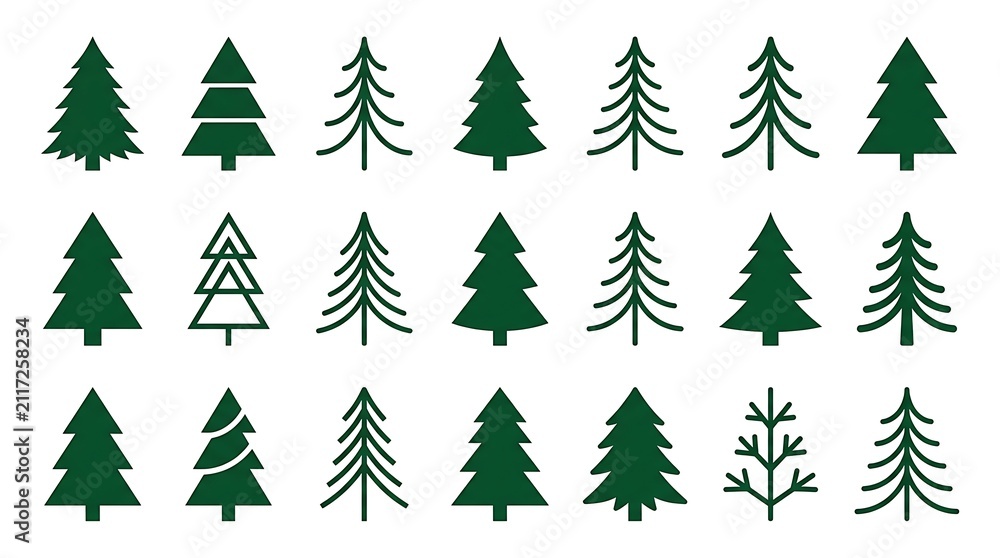 Obraz premium Minimal Christmas Tree Icons Set Collection | Modern Pine Tree Silhouettes and Outline Vector Designs