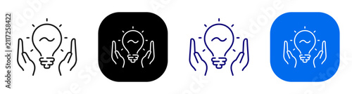Hands holding lightbulb representing idea support and creative guidance. Line, filled, black, color set. Editable stroke