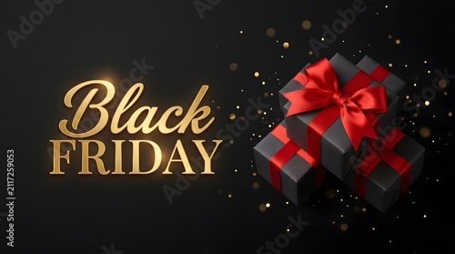 Elegant black friday sale banner with golden text and red gift boxes on dark background