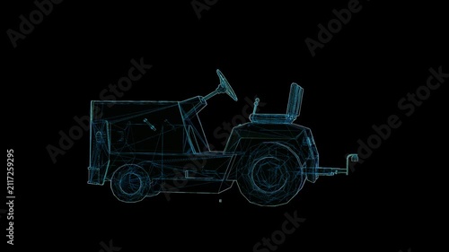 Futuristic 360° rotating HUD wireframe vehicle animation with glowing X-ray blueprint style. High-tech digital interface, seamless loop, perfect for AI, automotive, engineering, defense, and sci-fi pr