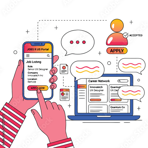 Job seeker tapping smartphone for digital employment portal access. Online career network displaying virtual job opportunity listing. Smart recruitment technology for staffing