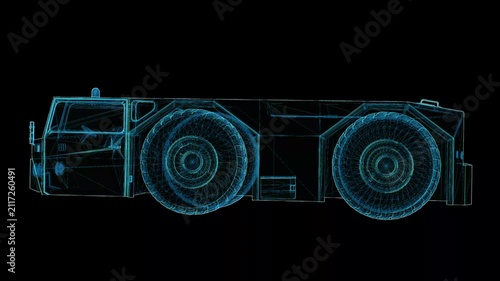 Futuristic 360° rotating HUD wireframe vehicle animation with glowing X-ray blueprint style. High-tech digital interface, seamless loop, perfect for AI, automotive, engineering, defense, and sci-fi pr