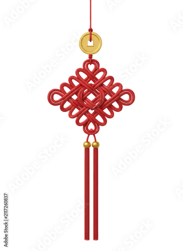 3D Traditional Chinese Red Knot Charm with Lucky Coin and Tassels Illustration Isolated on a Transparent Background