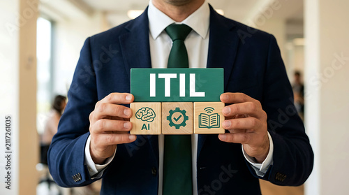 Businessman holding ITIL blocks with AI and technology icons
