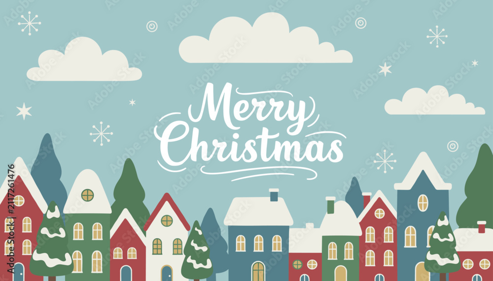 Fototapeta premium Scenic christmas banner featuring a snowy winter town skyline with colorful houses under merry christmas lettering.