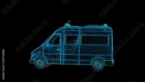 Futuristic 360° rotating HUD wireframe vehicle animation with glowing X-ray blueprint style. High-tech digital interface, seamless loop, perfect for AI, automotive, engineering, defense, and sci-fi pr